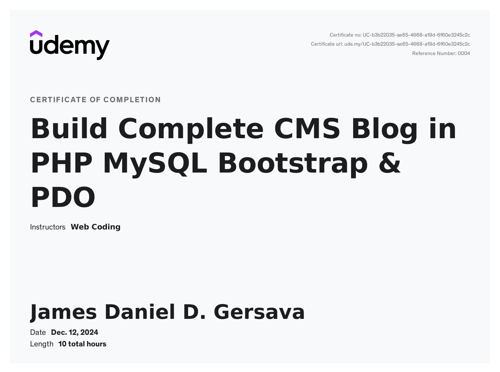 Certificate: Build Complete CMS Blog in PHP MySQL Bootstrap & PDO