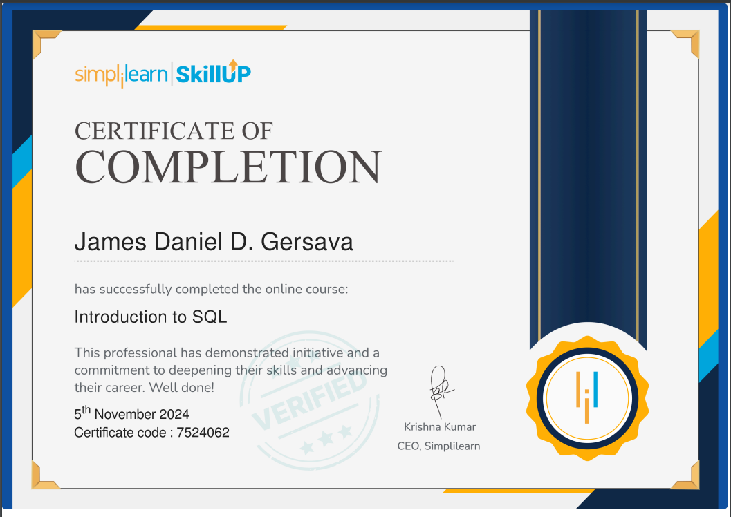 Certificate: Introduction to SQL